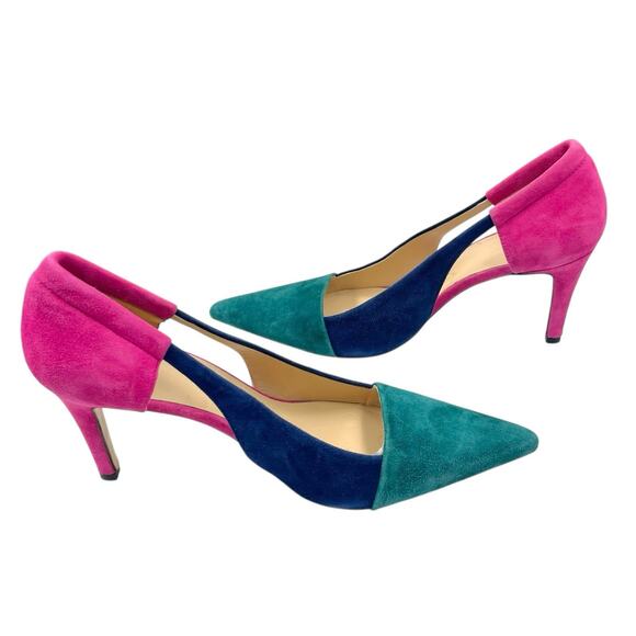 BODEN CUT OUT SUEDE COURT SHOES HEELS PINK TEAL BLUE COLOR BLOCK SZ 42 10.5 EUC - Picture 1 of 5